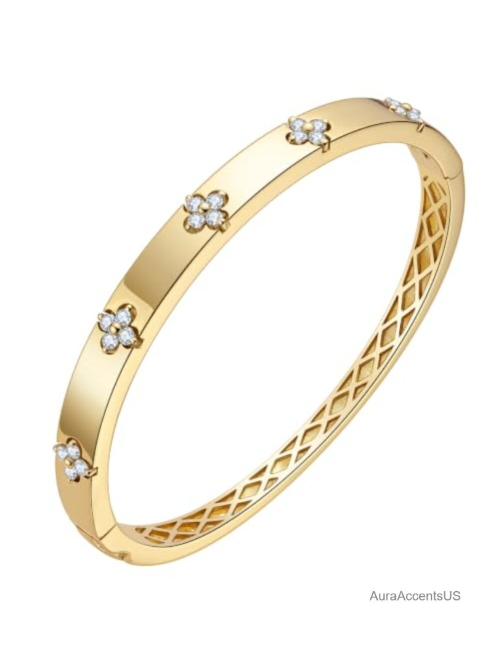 14K Gold Plated Cuff Bracelet Inlaid Clover Moissanite Hinge Bangle